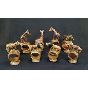 8 Hand Carved Wooden African Safari Animal Footed Napkin Ring Holders Kenya